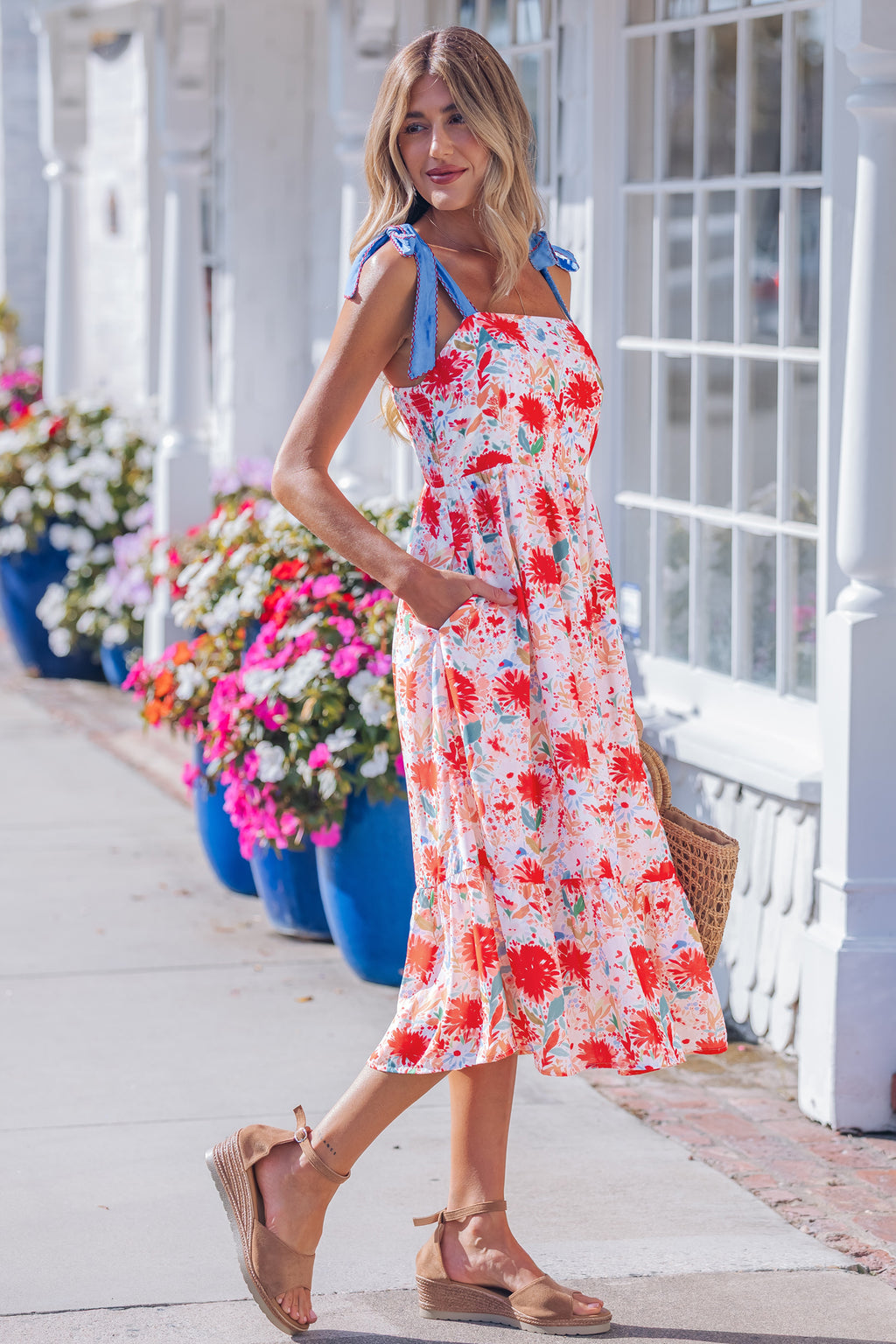 Floral Print Contrast Stitched Knot Denim Straps High Waist Dress