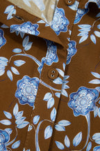 Brown Floral Print Ruffled Detail Shirt Collar Button Down Long Sleeve Dress