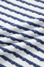 Blue Stripe Textured Knit Split Hem Half Sleeve Loose Top