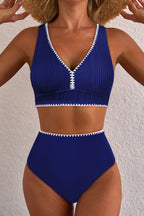 Shell Stitched Trim V Neck Textured Mix and Match High Waist Bikinis