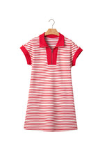 Striped Quarter Zip Polo Collar T Shirt Dress with Pockets
