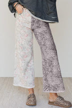Multicolour Retro Floral Leopard Contrast Patchwork Raw Hem Jeans