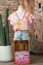 Rose Boho Mixed Print Contrast Trim Striped Patchwork Tiered Short Sleeve Blouse