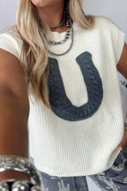 Crochet Horseshoe Short Sleeve Knit Sweater