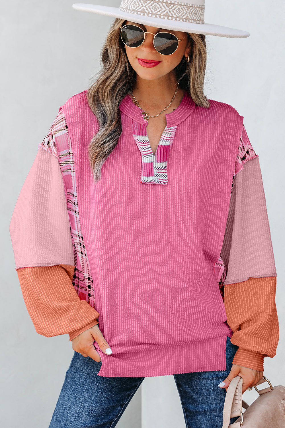 Corded Texture Plaid Colorblock Patchwork Split Neck Long Sleeve Top