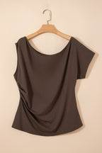 Plus Size Solid Color Asymmetric Neck Short Sleeve Blouse