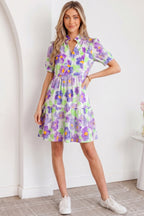 Purple Floral V Collar Short Sleeve Tiered Ruffle Mini Dress