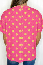 Polka Dot Round Neck Drop Shoulder Patch Pocket Jacquard Texture Top