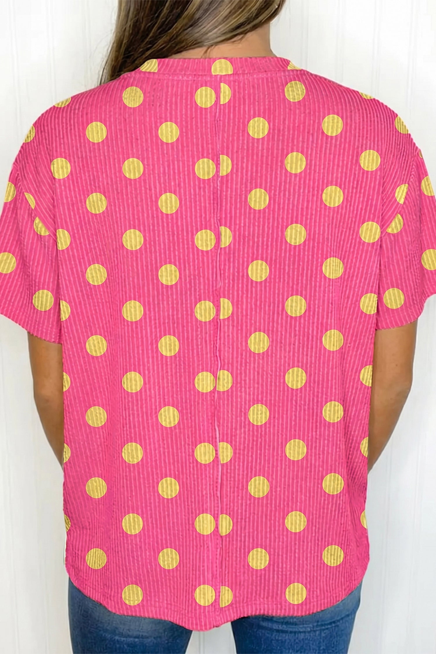Polka Dot Round Neck Drop Shoulder Patch Pocket Jacquard Texture Top