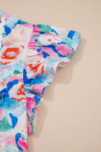 Pink Floral Print Tie V Neck Contrast Detail Ruffle Short Sleeve Blouse