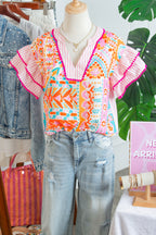 Rose Boho Mixed Print Contrast Trim Striped Patchwork Tiered Short Sleeve Blouse
