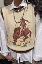 Khaki Western Print Knit Vest Colorblock Sleeveless Regular Length Daily Wear