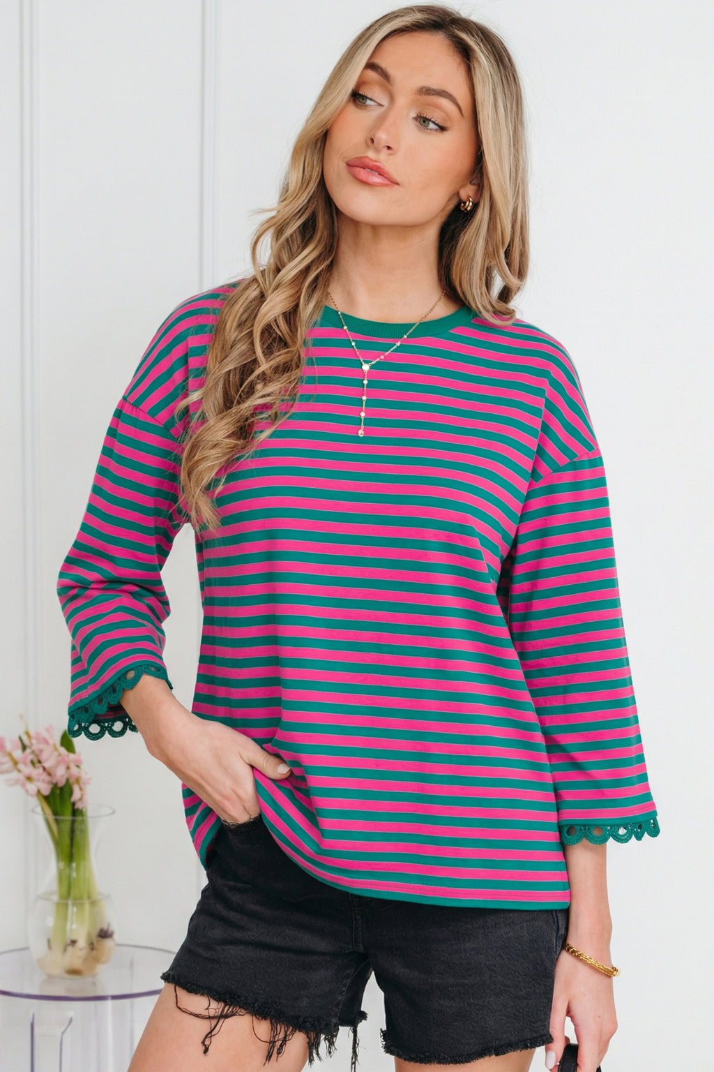 Striped Print Drop Shoulder Lace Trim Bracelet Sleeve Loose Top