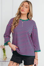 Striped Print Drop Shoulder Lace Trim Bracelet Sleeve Loose Top