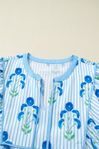 Sky Blue Floral Striped Bubble Short Sleeve Plus Size Dress