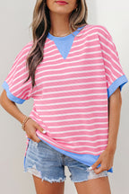 Striped Contrast Trim Loose Short Sleeve Top