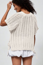 Plus Size Open Knit Bow Tie Short Sleeve Sweater