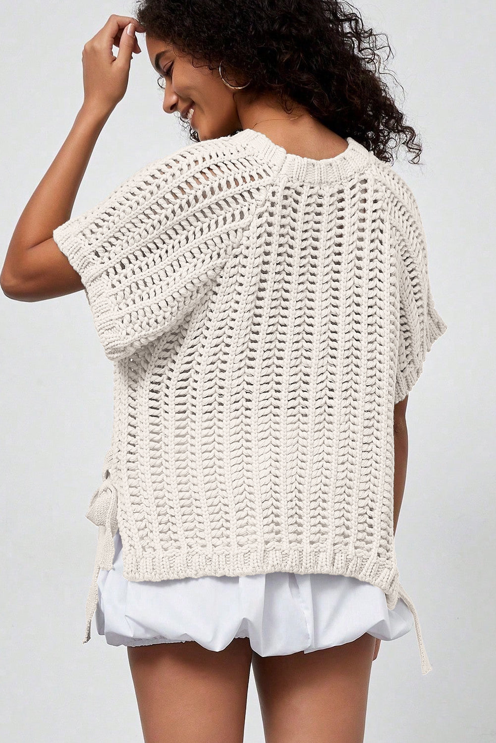 Plus Size Open Knit Bow Tie Short Sleeve Sweater