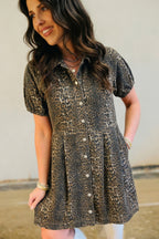 Grey Leopard Print Short Sleeve Pleated Denim Mini Dress