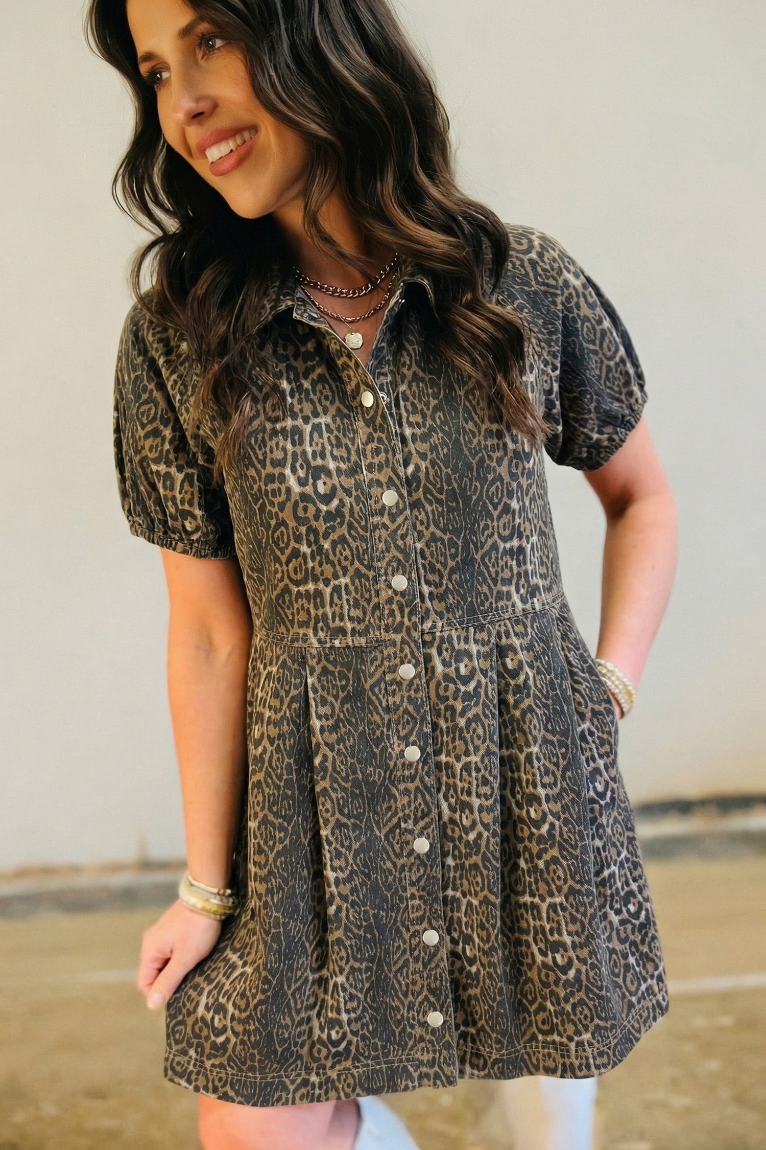 Grey Leopard Print Short Sleeve Pleated Denim Mini Dress