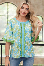 Purple Floral Print Ruffled Color Block Trim Half Sleeve Blouse