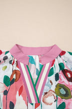 Pink V Neck Short Puff Sleeve Plus Size Floral Blouse