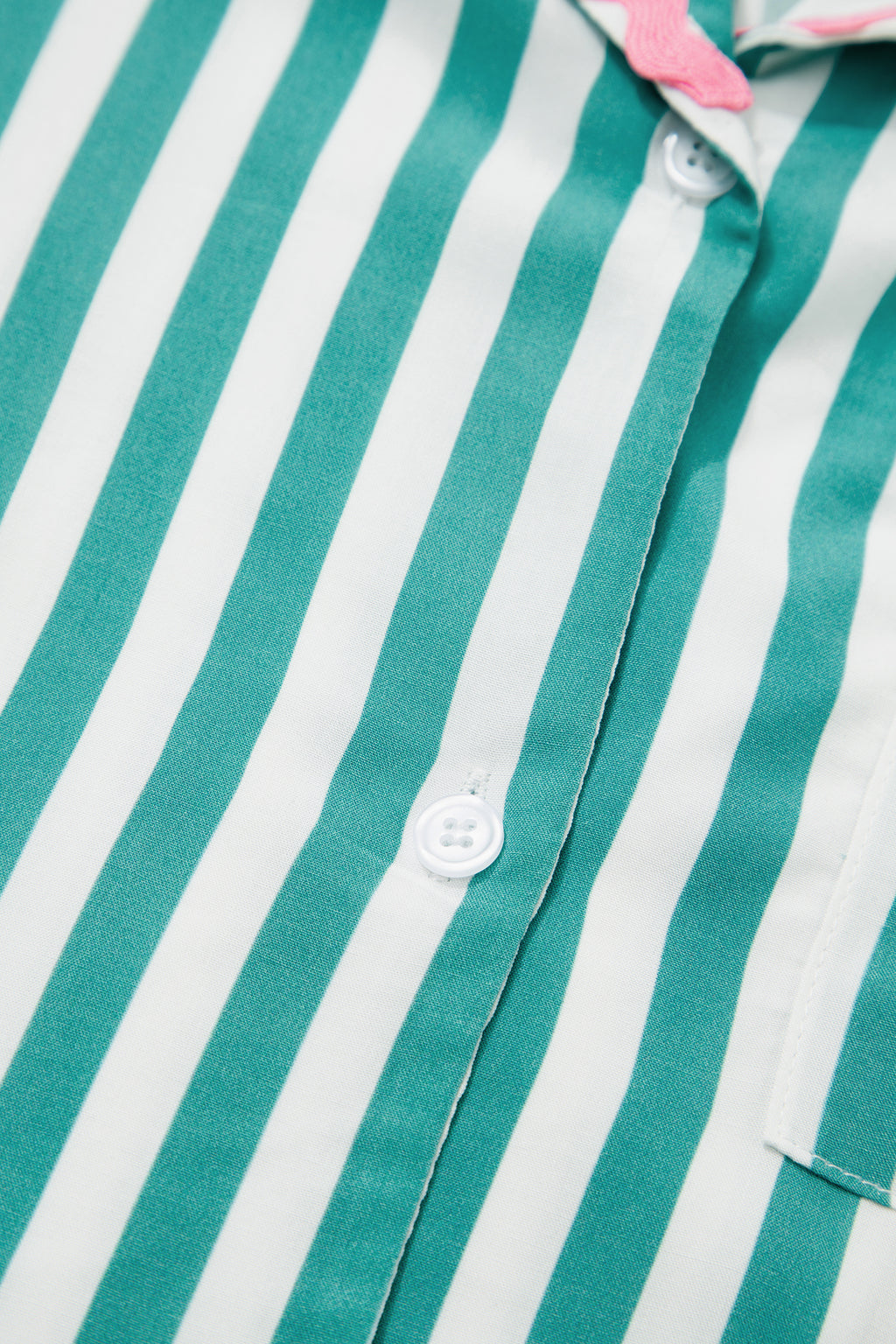 Green Stripe Contrast Ricrac Trim Long Sleeve Shirt Drawstring Ruffled Pyjama Short Set