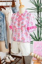 Purple Coquette Floral Bow Printed Contrast Ruffled Short Sleeve Blouse