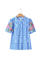 Sky Blue Unique Geometry Print Floral Embroidered Puff Sleeve Blouse