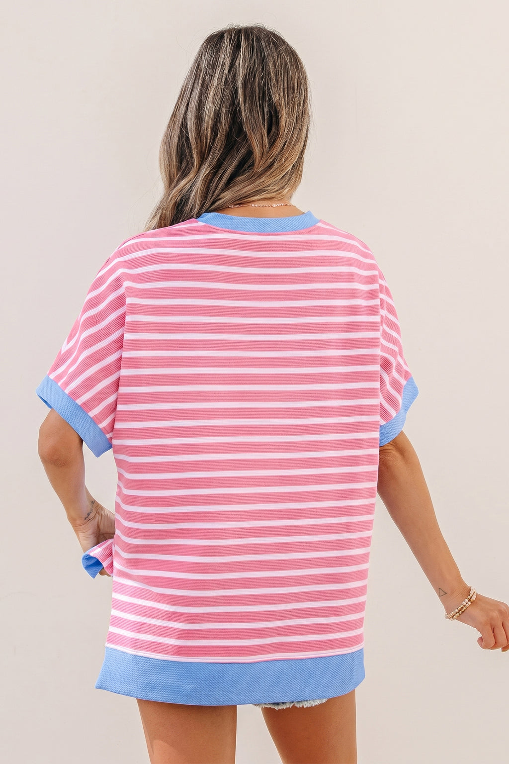 Striped Contrast Trim Loose Short Sleeve Top