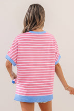 Striped Contrast Trim Loose Short Sleeve Top