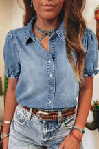 Beau Blue Frilled Short Sleeve Snap Button Denim Shirt