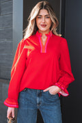 Striped Trim Ruffle Split Neck Long Sleeve Blouse