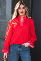 Striped Trim Ruffle Split Neck Long Sleeve Blouse