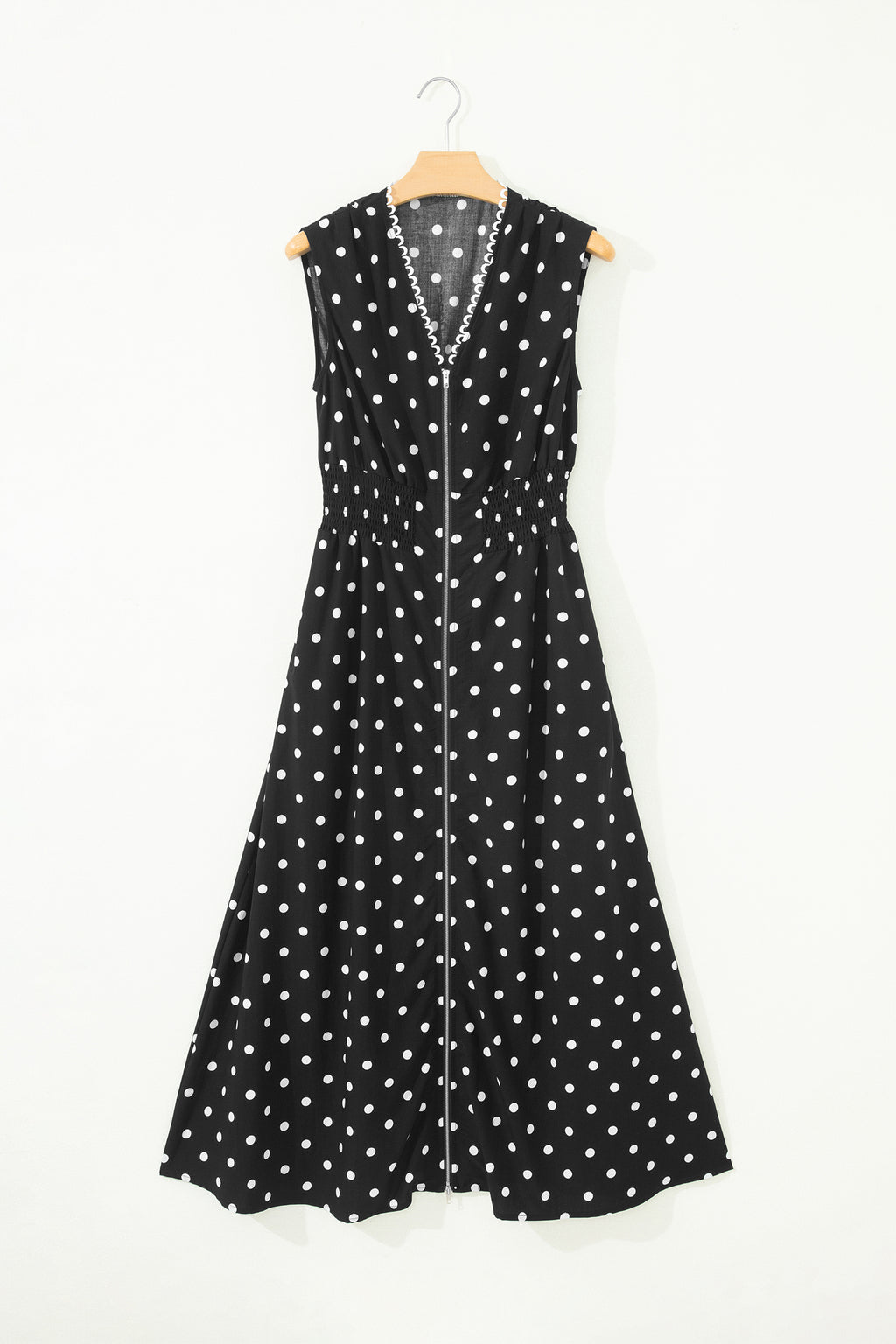 Polka Dot Print Contrast Trim V Neck Zip Up Sleeveless Dress