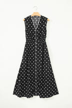 Polka Dot Print Contrast Trim V Neck Zip Up Sleeveless Dress