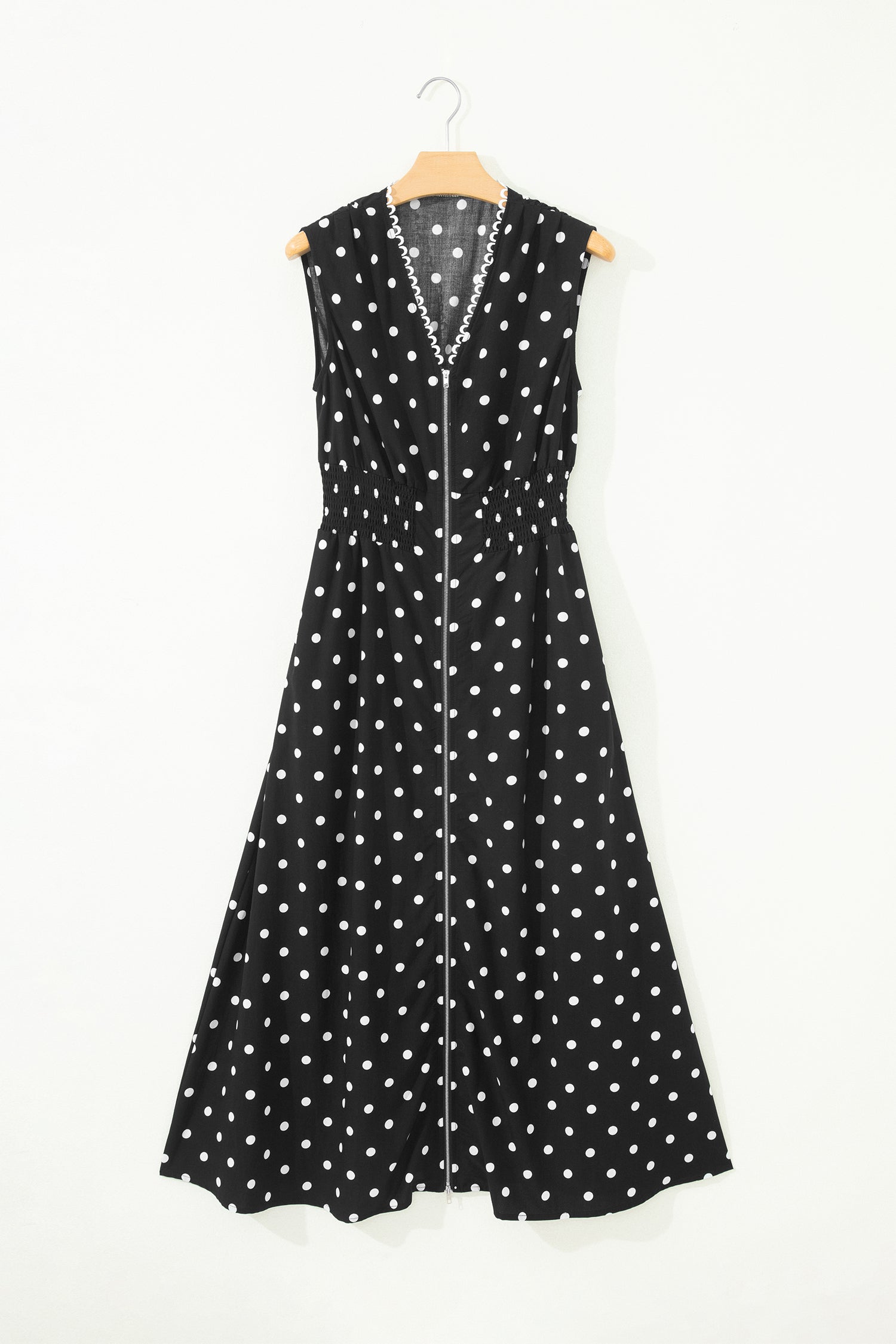 Polka Dot Print Contrast Trim V Neck Zip Up Sleeveless Dress