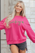 Rose Red Lucky Clover Embroidered Loose Pullover Sweatshirt