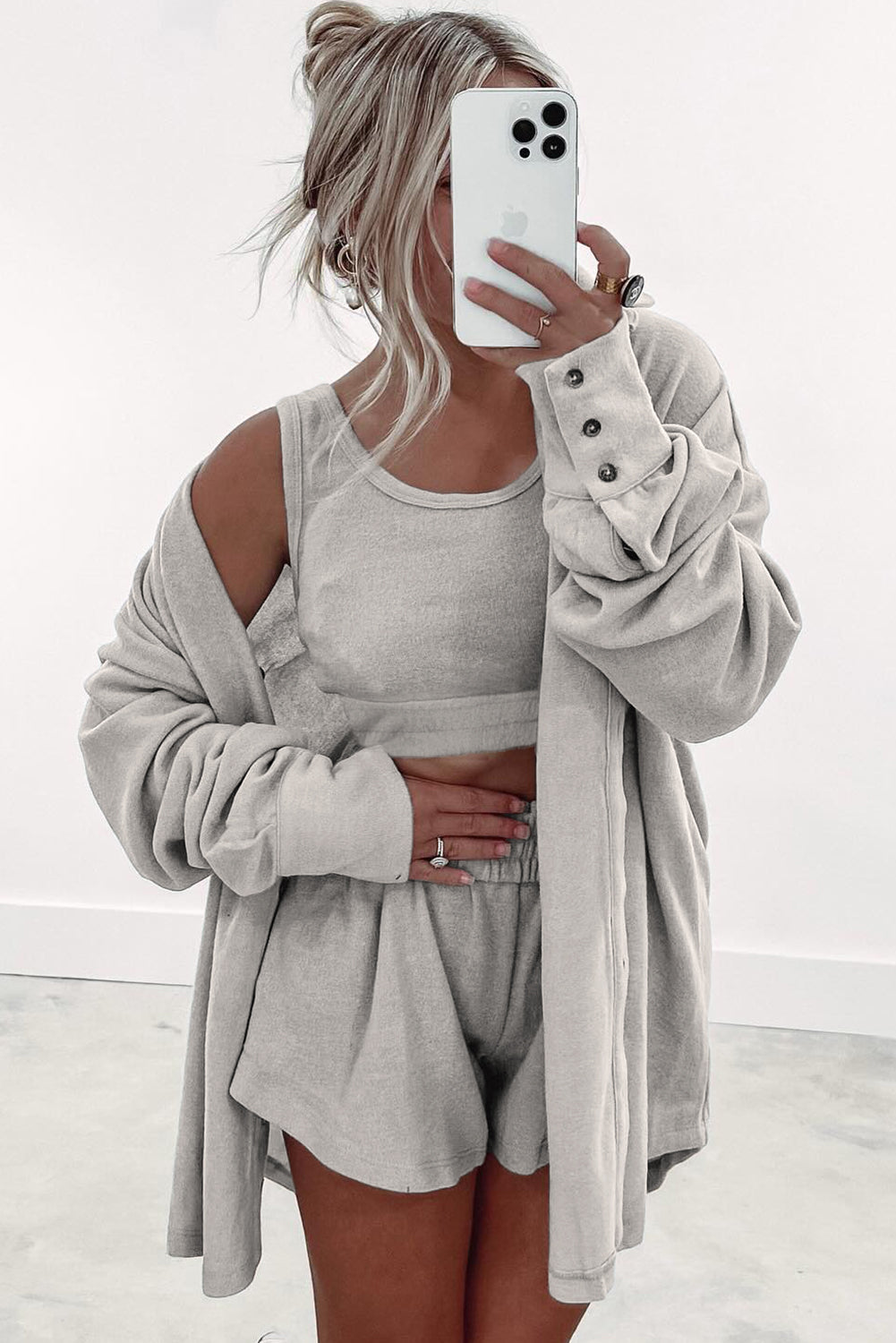 3 Pcs Crop Tank Top Shorts with Cardigan Lounge Set