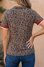 Brown Leopard Jacquard Striped Patchwork Half Zip Short Sleeve Blouse
