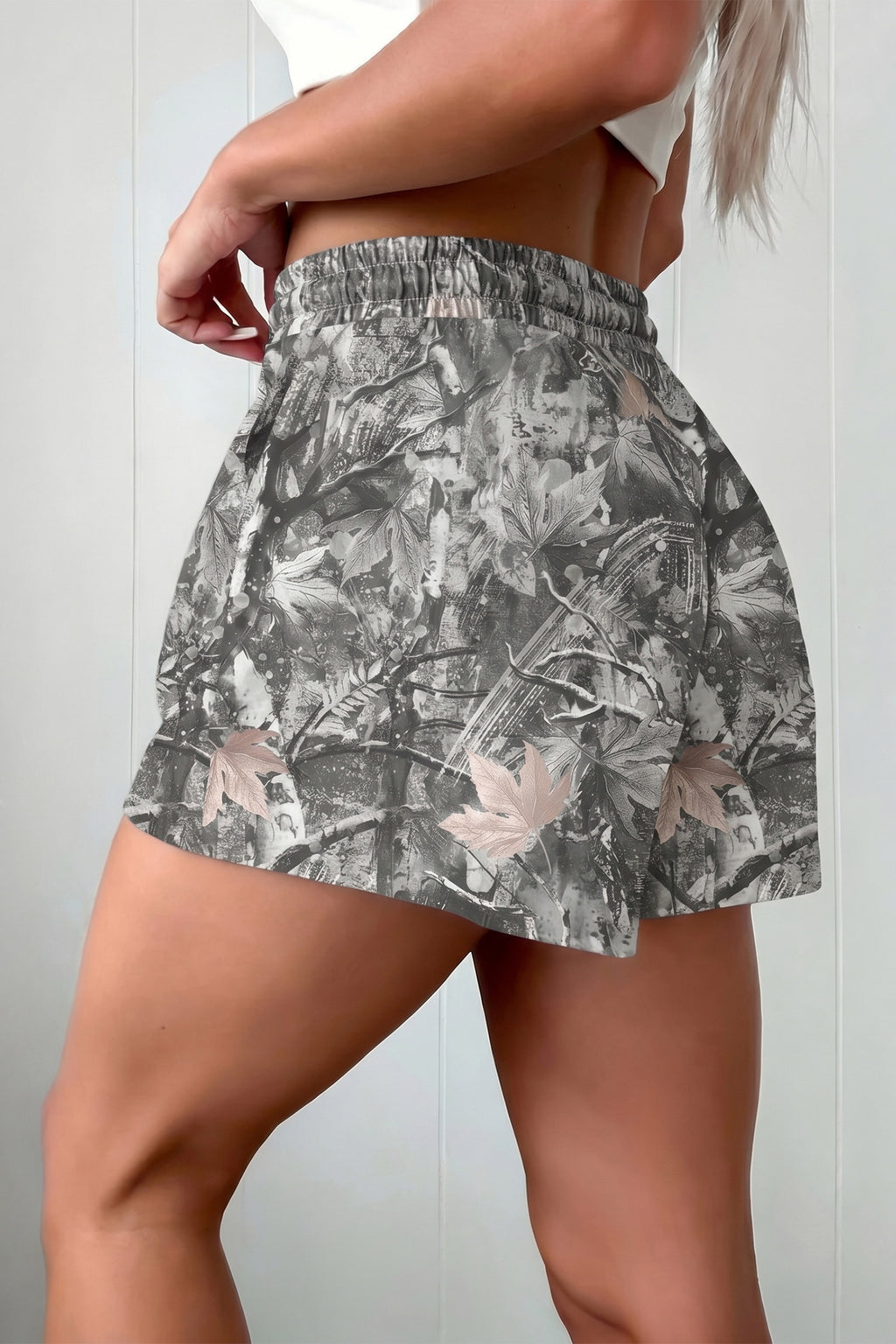 Grey Abstract Maple Leaf Printed Tie Elastic Waist Shorts