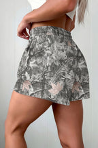 Grey Abstract Maple Leaf Printed Tie Elastic Waist Shorts