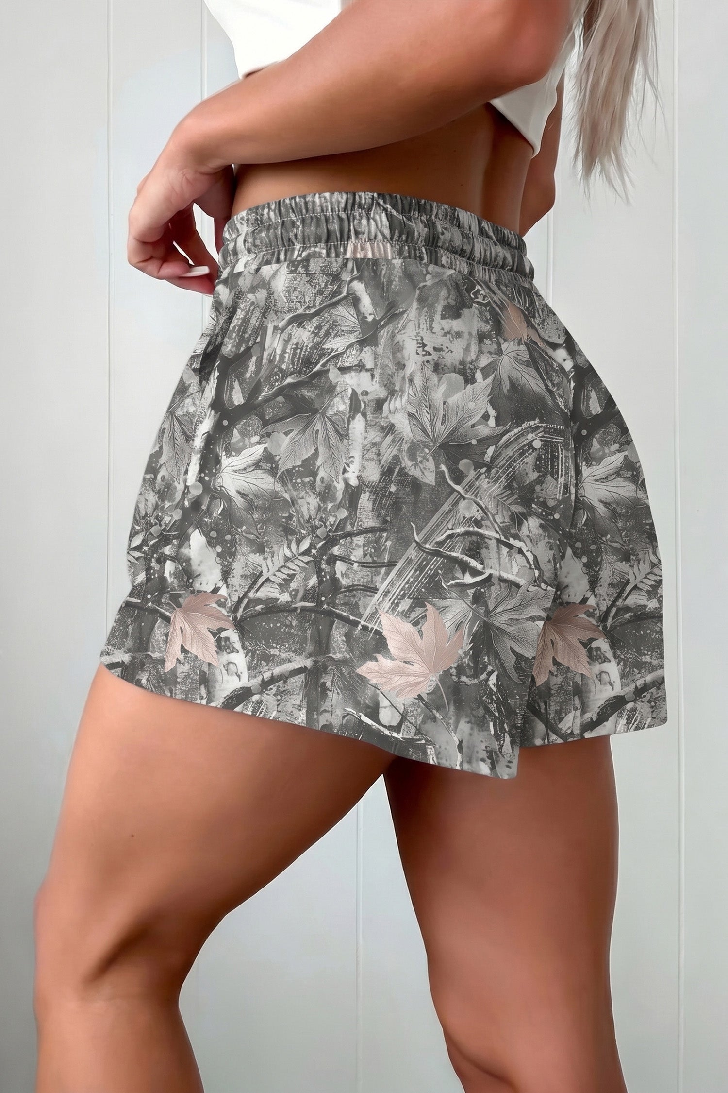 Grey Abstract Maple Leaf Printed Tie Elastic Waist Shorts