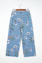 Sky Blue Retro Floral Print Frayed Hem Shift Jeans