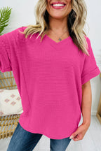Strawberry Pink Waffle V Neck Short Sleeve Knit Top