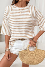 Striped Textured Knit Split Hem Half Sleeve Loose Top