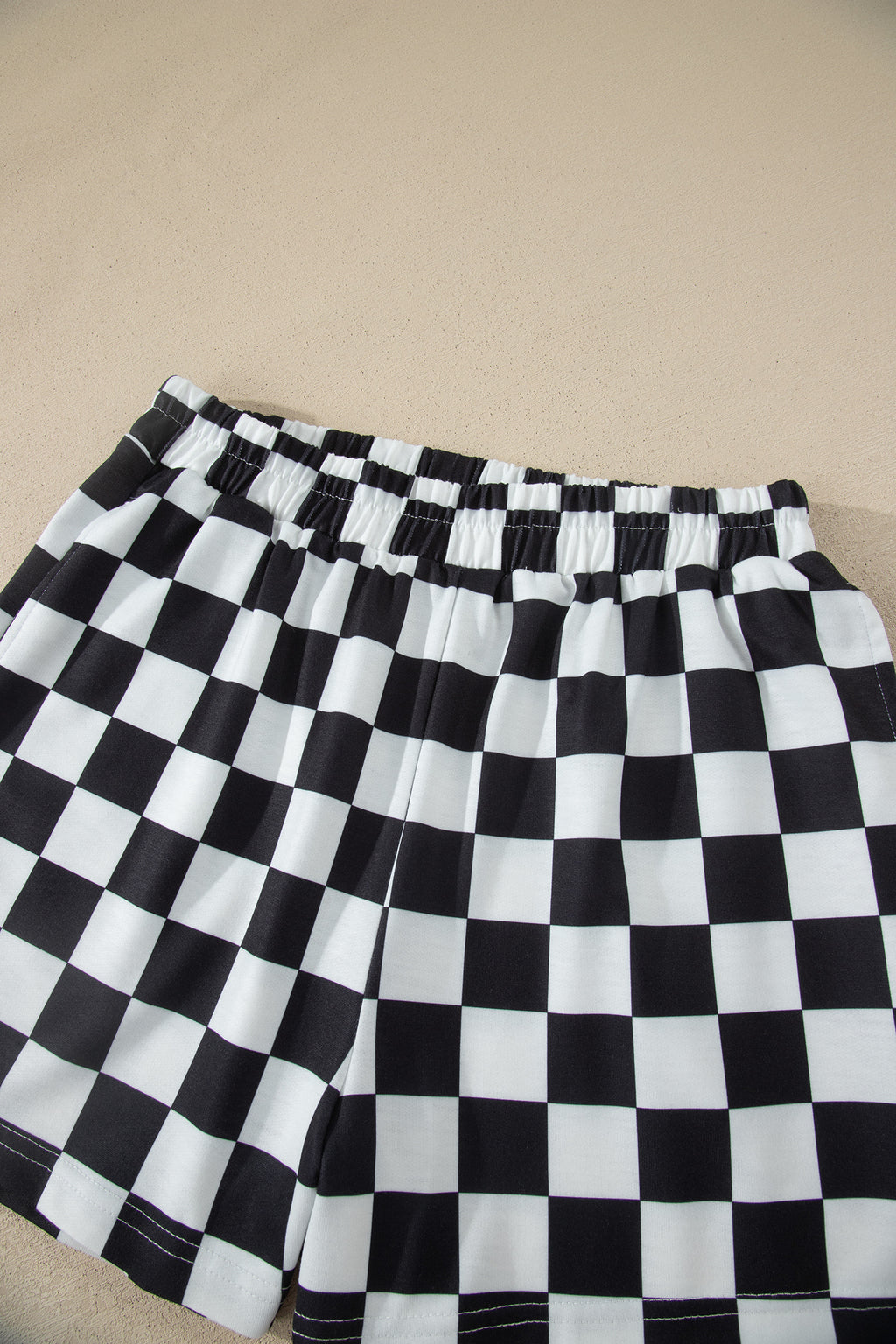 Checkered Print Colour Block Trim Mock Neck Short Set