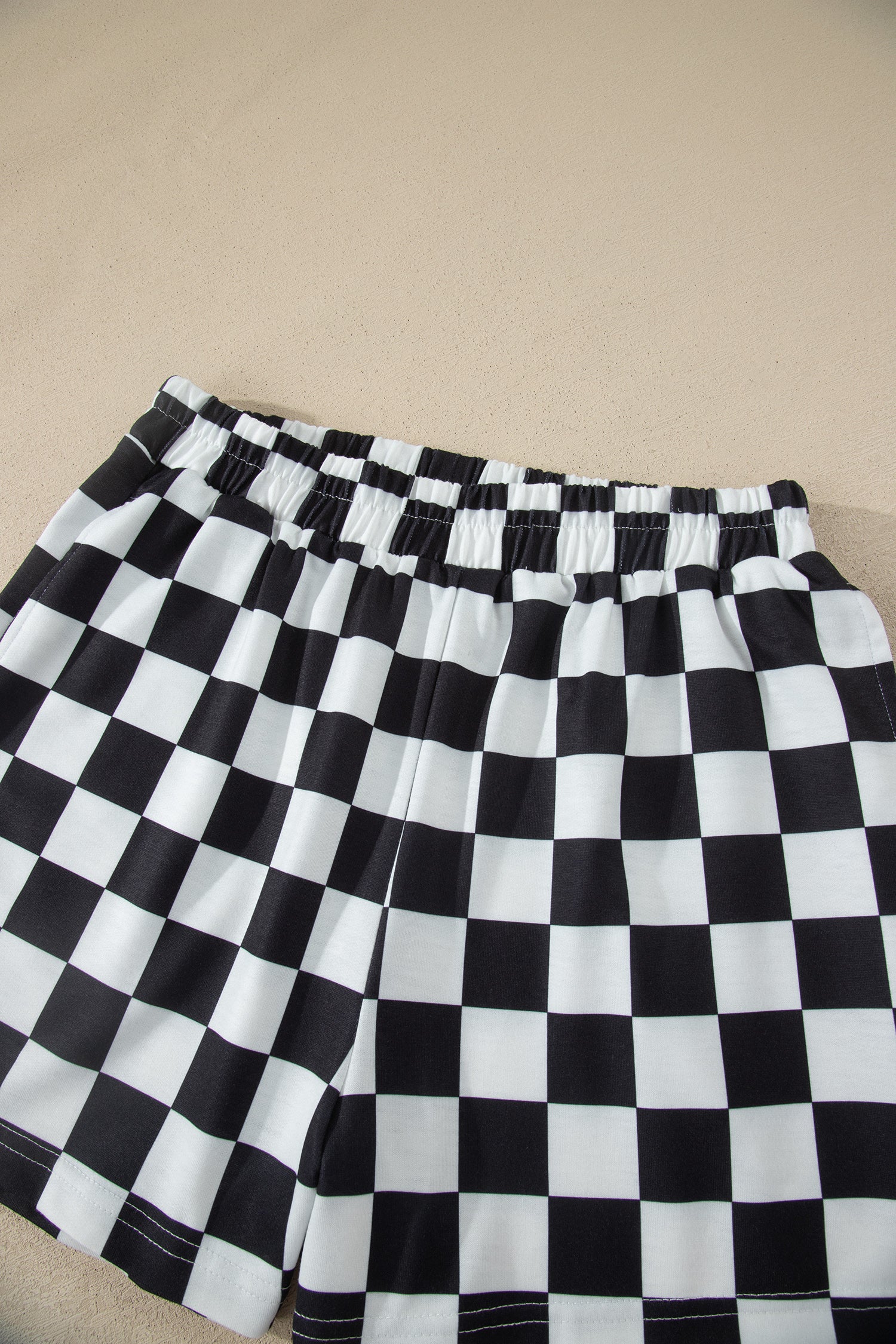 Checkered Print Colour Block Trim Mock Neck Short Set