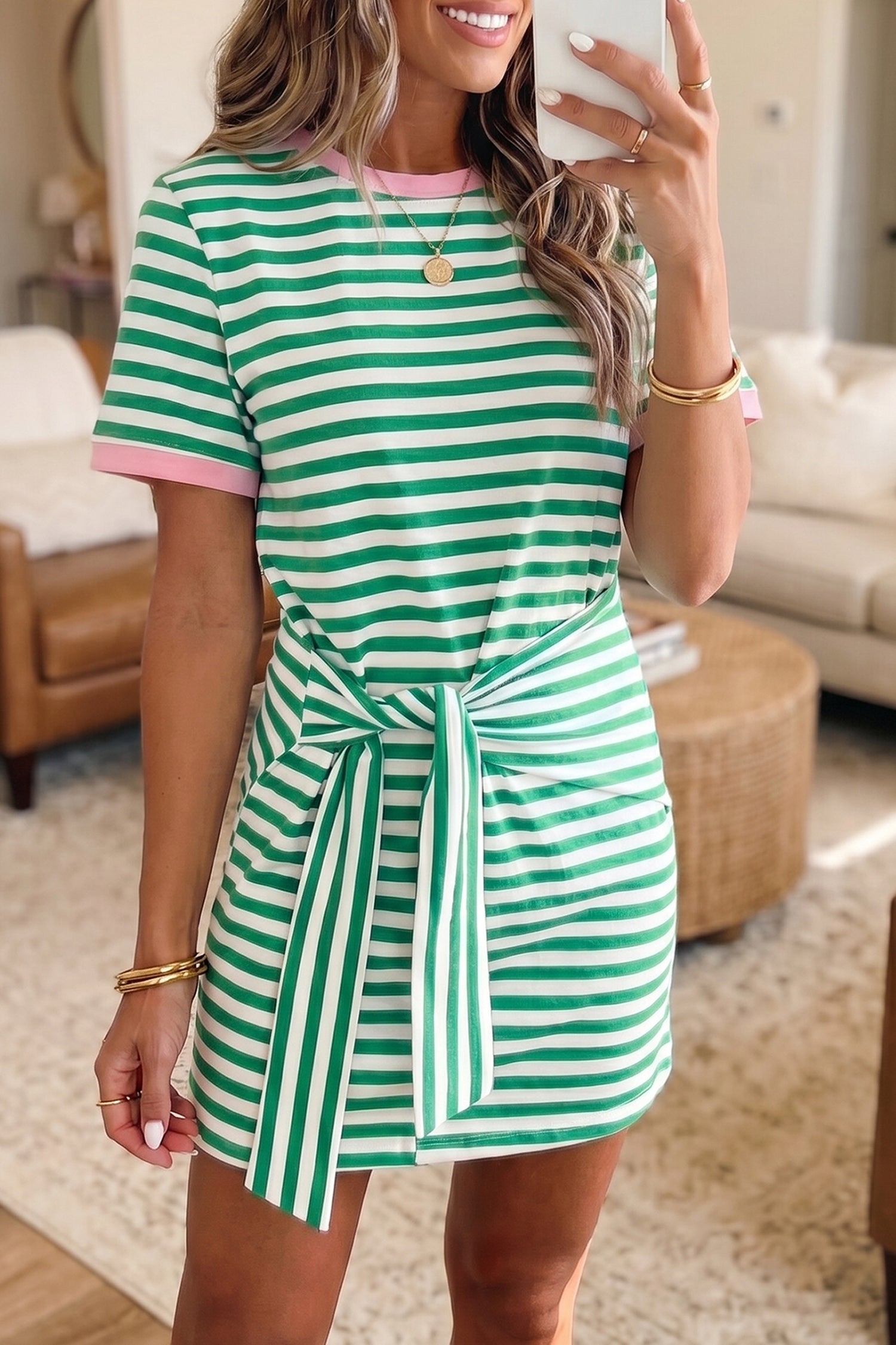 Striped Nautical Tie Contrast Trim Round Neck T Shirt Mini Dress