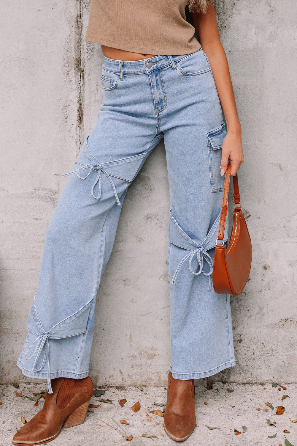 Beau Blue Bowknot Decor Boyfriend Cargo Jeans